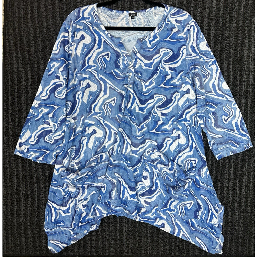Shana Tunic Top Womens XL Blue White Abstract Swirl 3/4 Sleeve Pockets Lagenlook